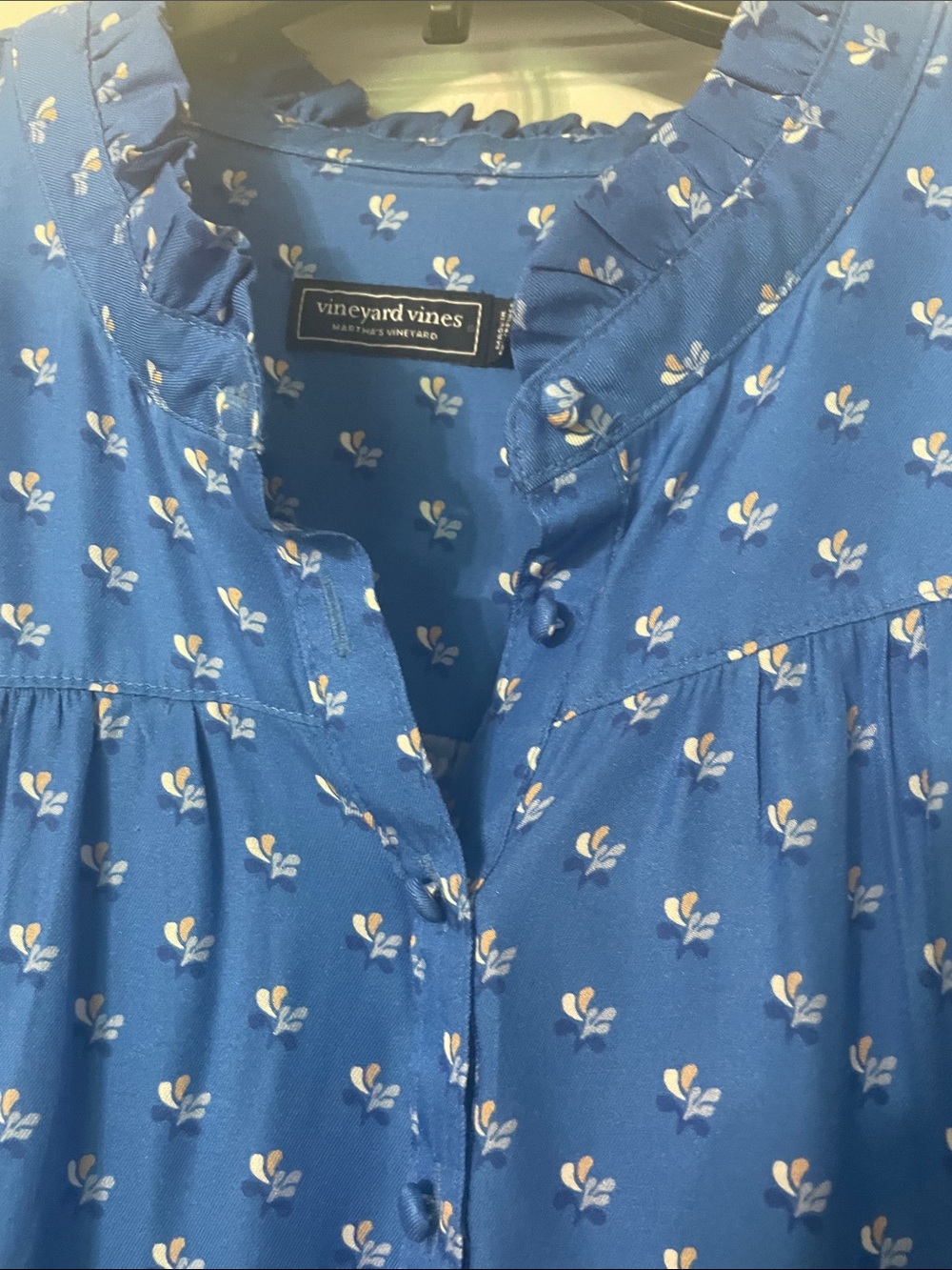 Vineyard Vines Royal Blue Silk Tiny Floral Blouse with Ruffles at Neck & Wrist
